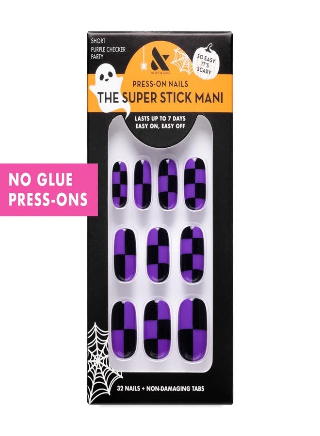 أظافر لاصقة من Olive & June Super Stick Mani | شكل بيضاوي مربع قصير | لا حاجة للغراء | 32 ظفرًا لاصقًا، 16 مقاسًا، تدوم حتى 7 أيام | غير سامة، سهلة التركيب والإزالة، لا تسبب ضررًا | حفلة هالوين بنقشة مربعات بنفسجية - Image 2